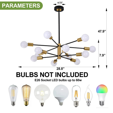 Diagram showing dimensions of Six Light Dope Modern Sputnik Chandelier in Black Gold Finish with E26 base, bulbs not included.