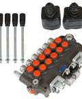 All-Carb 6-spool hydraulic directional valve with orange port caps, two joysticks, and four mounting bolts