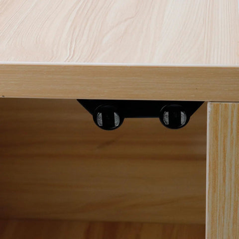 Close-up of a black double head pivot hinge attached under a wooden surface. Stainless Steel Glass Door Pivot Hinge With Magnetic Catch Closure And Clamp Set For 5 to 6 Millimeter Glass ABS Black Finish Heavy Duty Built To Last Double Head Pivot Hinge Includes Glass Clamps And Strike Plates For Frameless Shower Or Interior Door.