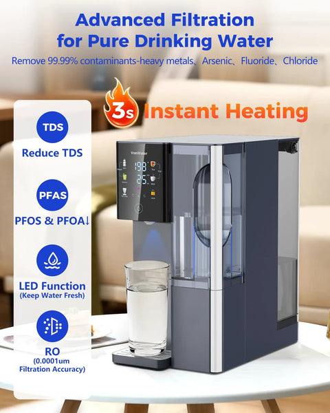 Compact Countertop Instant Hot And Cold Water Dispenser Featuring Premium Reverse Osmosis Filtration And A Slick Built In Tea Infuser For No Sweat Fresh Brews Whenever You Need A Quick Sip showing sleek design and clear glass.