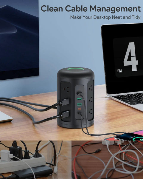Image of 12 Outlets Power Strip Tower With 20W USB C PD Fast Charging, 2 USB C Ports And 3 USB A Ports on a desk setup