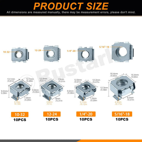 Heavy Duty 40 Piece Carbon Steel Cage Nut Assortment Kit With Snap In Square Rack Mount Clips for Server Cabinets and Electronic Shelves showing four thread sizes.