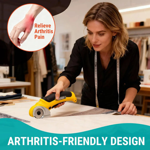 Woman using arthritis-friendly electric cutter for fabric, arthritis pain relief image shown, workshop setting