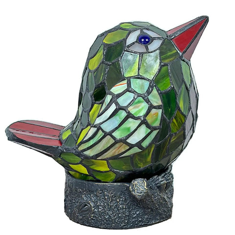 Bird Themed Glass Nightstand Lamp With Blue Green Stained Shade Cute Reading Bedside Light for Kids Room and Bedroom Decor Resin Base