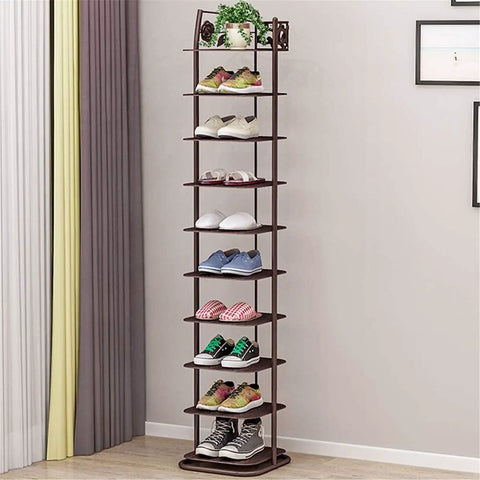 Rock Solid 10 Tier Metal Shoe Rack With Coat Hooks Game Changer For Entryway Clutter Brown Heavy Duty Shoe Cube Organizer Shelf For Closet Garage Keeps Your Kicks Neatly Stowed And Style On Point with shoes displayed.