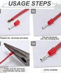 Step-by-step guide for using One Thousand Pieces Of 22 Awg Wire Ferrule Connectors In Matte Gray Finish. Crimping process illustrated.