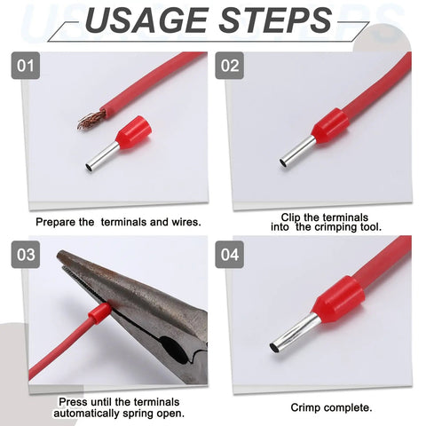 Step-by-step guide for using One Thousand Pieces Of 22 Awg Wire Ferrule Connectors In Matte Gray Finish. Crimping process illustrated.