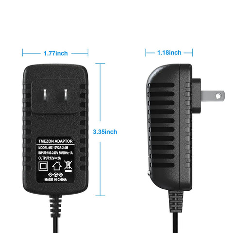 12V 2A Power Adapter For LED Strips And Small Electronics AC To DC Wall Plug With 2.1mm By 5.5mm Connector front and side view
