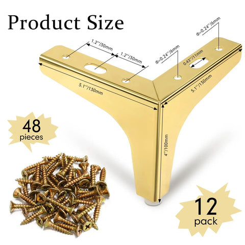 Gold 4 Inch Metal Furniture Leg Set 12 Pack Replacement Feet For Table Cabinet Sofa Dresser Couch Cupboard Chairs Ottoman Includes 48 Screws