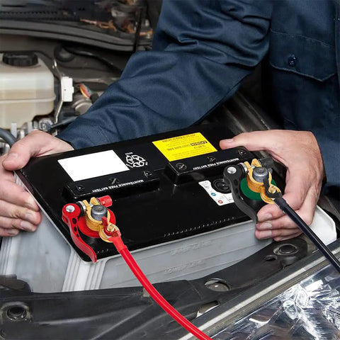 Mechanic installing 2 Pack Car Battery Terminal Connectors Quick Release Disconnect Ends with Heavy Duty Copper Terminals on battery