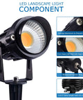 LED Outdoor Spotlight 12W Landscape Lighting 120V AC Waterproof Spot Lights With Spiked Stakes For Yard Garden Path Walkway 3000K Warm White Plug In Ready Six Pack, showing close-up of painted die-cast aluminum body and COB chip.