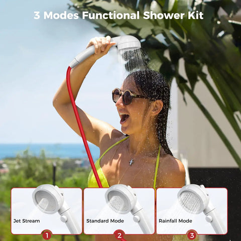 Woman enjoying outdoor shower with Grab And Go Portable Propane Water Heater Boasting Instant 1.32 Gpm Hot Flow And A Hefty 34000 BTU Output Tailored For Weekend Warriors RV Trips And Campsite Cleanup Lightweight Compact Frame Keeps Your Outdoor Game Sharp.