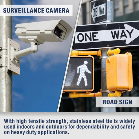 Surveillance camera and road sign with text highlighting high tensile stainless steel tie applications indoors and outdoors.