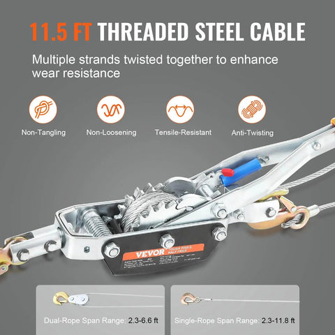 Five Ton Come Along Winch With Eleven And A Half Foot Steel Cable Dual Gear Heavy Duty Ratchet Puller For Vehicle Rescue