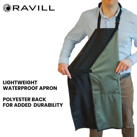 Person wearing Black Waterproof Apron With Two Pockets 35 Inch Heavy Duty Plastic Dishwashing And All Purpose Work Apron