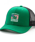 Green Womens Trucker Hat With Veteran Vietnam War Theme, breathable mesh cap, featuring "Proud Wife of a Vietnam War Veteran" text.