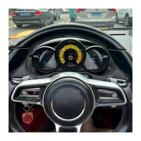 Porsche 12.3 Inch LCD Dashboard Instrument Panel Replacement For Cayman Boxster 981.1 987.2 2005 2012 Digital Gauge Cluster Smart Module With Built In Circuit Board And Plug And Play Stability installed in Porsche steering wheel view