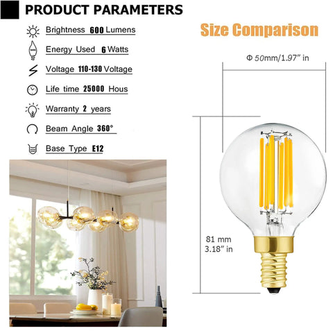 Dimmable LED Bulb E12 Candelabra, 6W 60W Equivalent, size comparison and product specifications, ideal for chandeliers