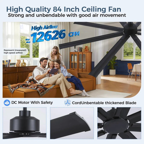 Badass 84 Inch Industrial Ceiling Fan With Reversible DC Motor And Eight Robust Blades Delivers Six Speed Remote Control Hella Quiet Airflow For Massive Garages And Shops In Matte Black displayed in a living room setting.