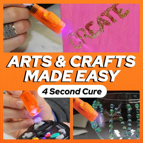 LED UV Glue Kit With Light For Quick Cure Bonding in use on crafts, showing fast epoxy resin adhesive application on decor items.