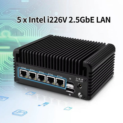 Hella Quiet Firewall Appliance Mini Pc With Intel J6413 Processor And Completely Fanless Build For Plug And Play Home Lab Networking 5 X 2.5GbE Ethernet Ports Opnsense Ready Barebone Rig Triple Screen Support And Badass Security Gateway, showcasing 5 Ethernet ports.