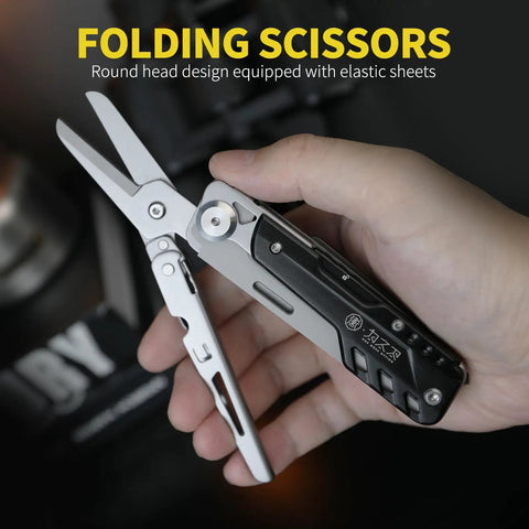 Hand holding 7 In 1 Detachable Multitool With D2 Steel Blade And Large Scissors, featuring split and merge mechanism.