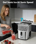 Woman using Countertop Nugget Ice Maker With Self Cleaning And Ice Scoop Pebble Ice Machine Delivers Soft Chewable Ice In About 7 Minutes And Produces 34 Lbs Per Day Stainless Steel Portable Home Kitchen Must Have Gadget For Busy Mornings pouring drink