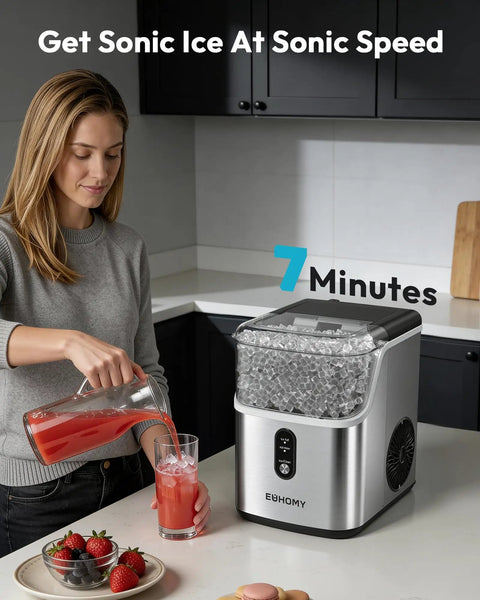 Woman using Countertop Nugget Ice Maker With Self Cleaning And Ice Scoop Pebble Ice Machine Delivers Soft Chewable Ice In About 7 Minutes And Produces 34 Lbs Per Day Stainless Steel Portable Home Kitchen Must Have Gadget For Busy Mornings pouring drink