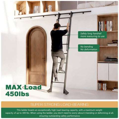 87 Inch Telescoping Aluminum Rolling Step Ladder With Four Foot Hook Track Kit Adjustable Heights 87 96 108 120 Inches 11 Inch Step Spacing 51 Inch Handrail Pro Grade Heavy Duty Library Ladder For Home Garage Workshop, black ladder in library