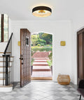 Cool Modern Flush Mount Ceiling Light Fixture With Gray Linen Drum Shade And Black Canopy Four Light Overhead in entryway