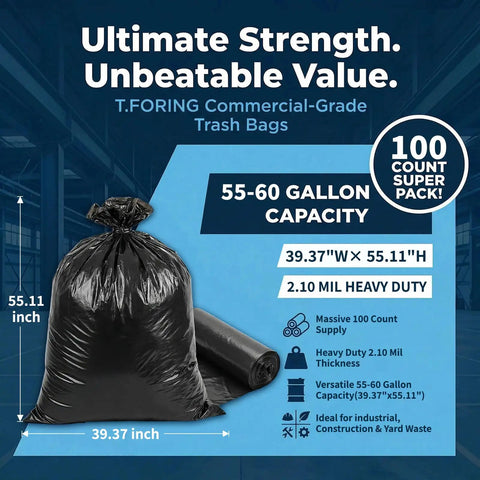 Heavy Duty 55 to 60 Gallon Trash Bags Thick 2.1 Mil 39 by 55 Inch Garbage Liners for Home and Outdoor Use 100 Count