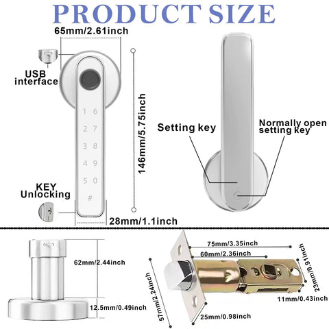 Dimensions and components of 5 In 1 Smart Fingerprint Door Lock With App Access Card Entry Password Codes And Backup Key Biometric Door Lock