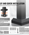 Installation guide and hardware for Outdoor 5 Step Stair Hand Rail Kit In Black with screws and tools displayed.