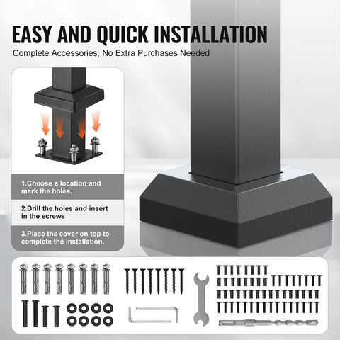 Installation guide and hardware for Outdoor 5 Step Stair Hand Rail Kit In Black with screws and tools displayed.