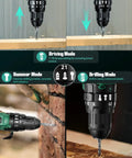 Go-To Cordless Hammer Drill Set With 20V 2.0Ah Battery Two-Pack, 21 Plus 3 Clutch drilling wood and brick in different modes.