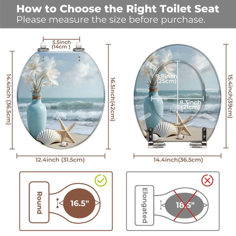 Resin Round Toilet Seat with Cover for Bathroom dimensions guide measuring round and elongated sizes.