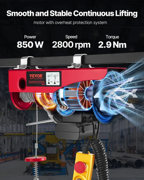 VEVOR electric hoist, red housing with wired remote control for garage or workshop lifting.