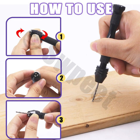 How to use Slick 492 Piece Pin Vise Hand Drill Kit with fine twist bits for precise drilling on wood.