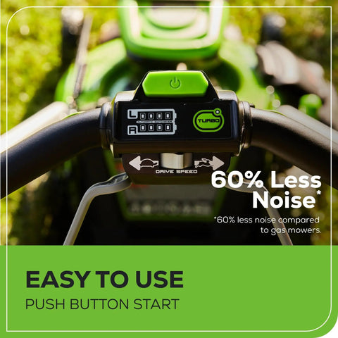 Close-up of control panel on 60V Brushless Self Propelled Cordless Lawn Mower With 21 Inch Deck Two 4.0Ah Batteries Rapid Charger