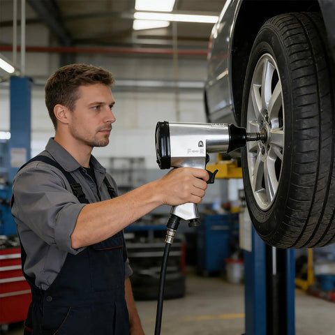Knuckle Buster 71 Piece Pneumatic Air Tool Kit Featuring 1/2 Inch Impact Wrench in use on a car tire by a mechanic.