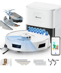 Robot Vacuum And Mop With Beast 20000 Pa Suction, Self Emptying Dock For Up To 120 Days, 3200mAh Battery, Lidar Navigation, 5G/2.4G WiFi App Control, Auto Charge, Pet Hair Cleanup For Hard Floors And Carpet, White, showing components and app interface.