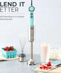 5 Speed 330 Watt Immersion Hand Blender With Stainless Steel Blades And Whisk Attachment For Soups Smoothies And Purees in aqua color.