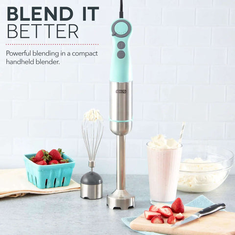 5 Speed 330 Watt Immersion Hand Blender With Stainless Steel Blades And Whisk Attachment For Soups Smoothies And Purees in aqua color.
