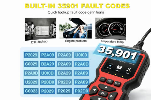 V519 OBD2 Scanner Diagnostic Tool Car Code Reader With 35901 Built In DTC Library showing fault codes on screen