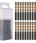 Rugged M2 Steel Drywall Router Bits Twenty Piece Set One Quarter Inch Shank Spiral Saw Ready in a clear storage case.