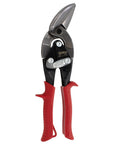 Front view of Midwest left-cut offset aviation snips/tinner shears with red handles.