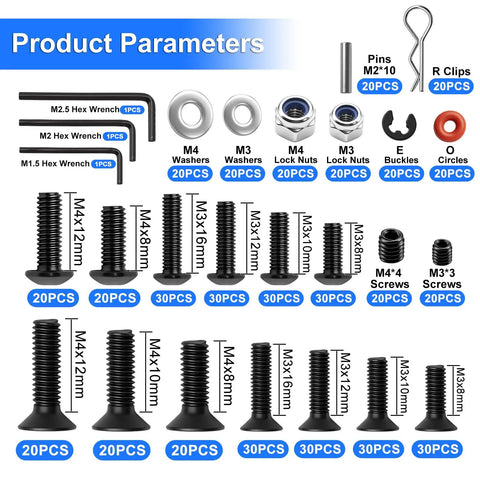 Product contents of RC Screw Kit With Screws Nuts Washers Clips O Rings And Pins Universal Hardware Set For 1/8 1/10 1/12 1/16 Scale RC