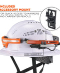 Skullerz 8886 Wide Beam Headlamp with hard hat mount, included accessory mount for pencils, cord management visible.