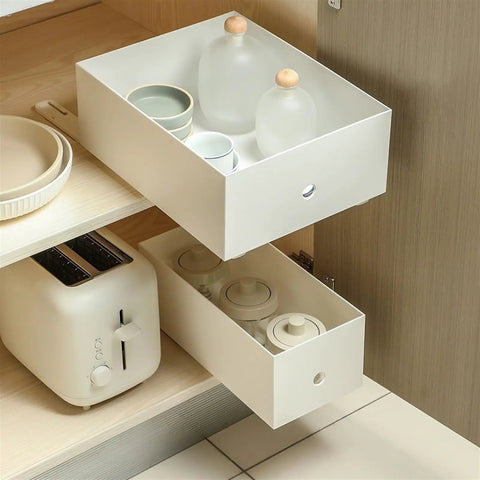 Full Extension Drawer Slides Upgrade Kit for Easy Access and Maximum Storage for Furniture Self Adhesive, shown in kitchen drawers