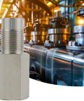 Stainless steel extension pipe fitting with threaded male end and hex base, front view.